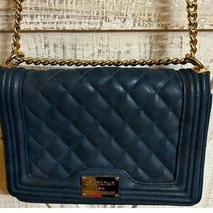 Bebe Navy Quilted Vegan Leather Chain Shoulder Bag